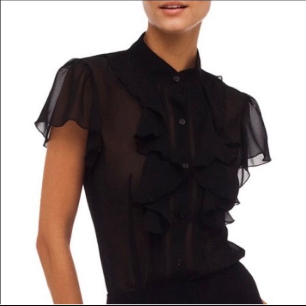 Norma Kamali Ruffle Front Blouse Sz M Black Sheer Pintuck Whimsigoth Coquette